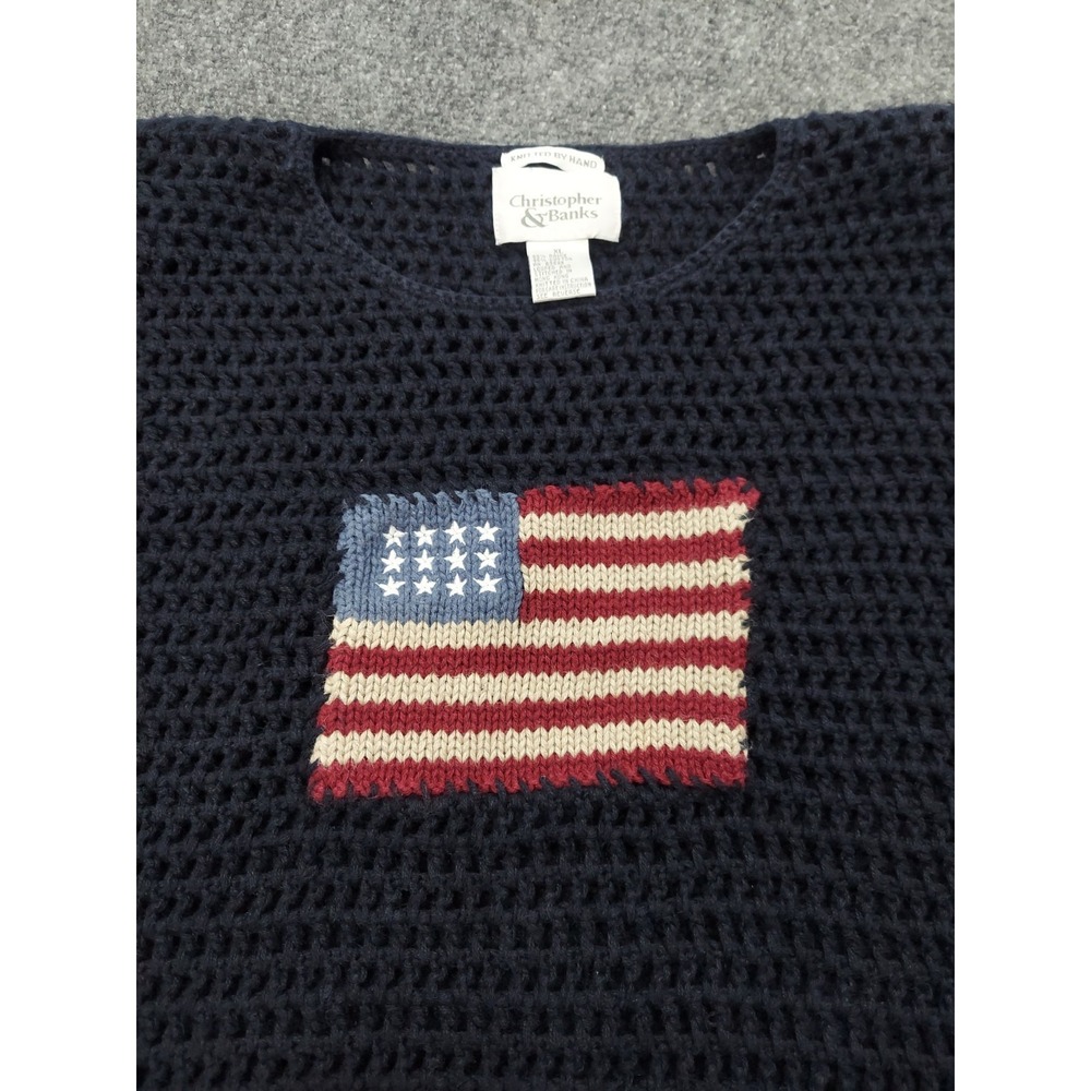 Vtg Christopher & Banks Flag Sweater Womens XL Blue FLAG Patriotic Hand Knit - Picture 4 of 10